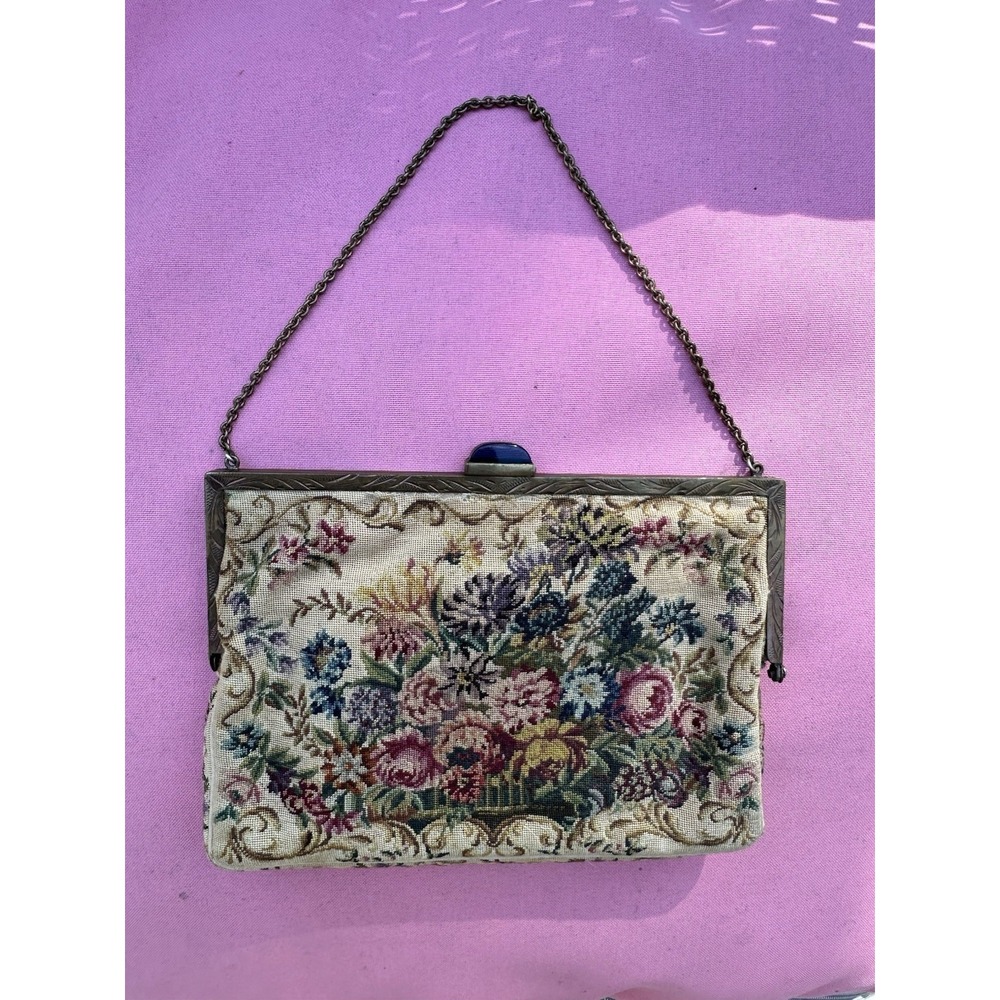 Vintage Floral Needlepoint Evening Purse – Ornate Frame, Chain Strap 6"x4.5"